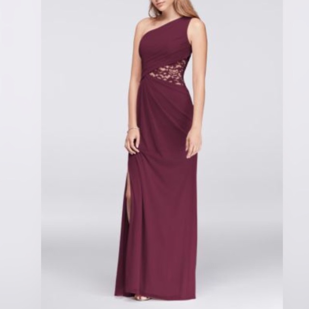 🔴Davids Bridal One Shoulder Mesh Dress Lace Inset